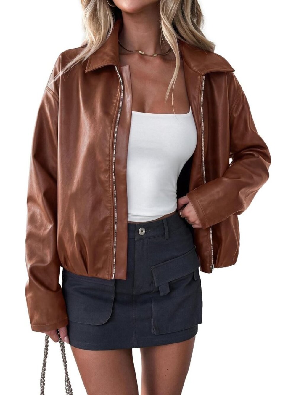 Women’s Red Brown Faux Leather Moto Zip Up Collared Fall Coat Cropped Jacket